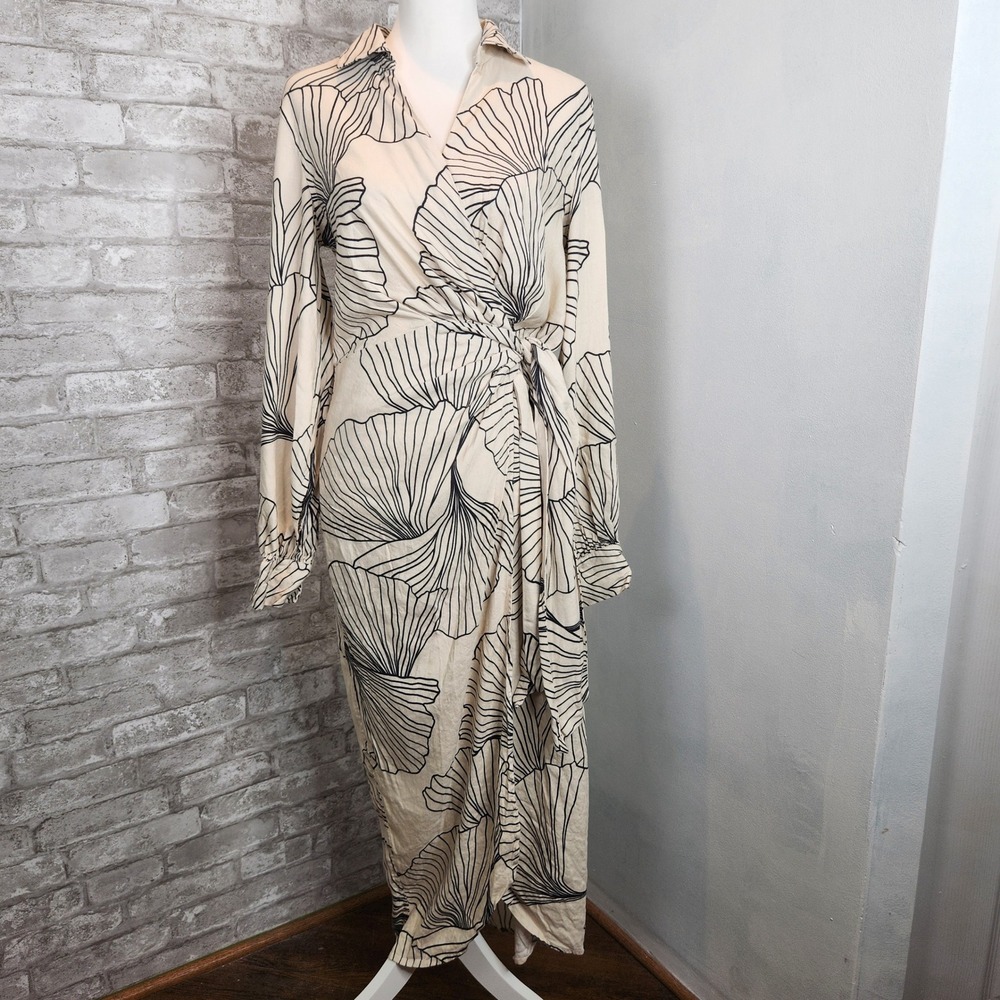 Magaschoni Wrap Shirt Dress Ginko Leaf Linen Blend Maxi Coastal Chic Resort 6